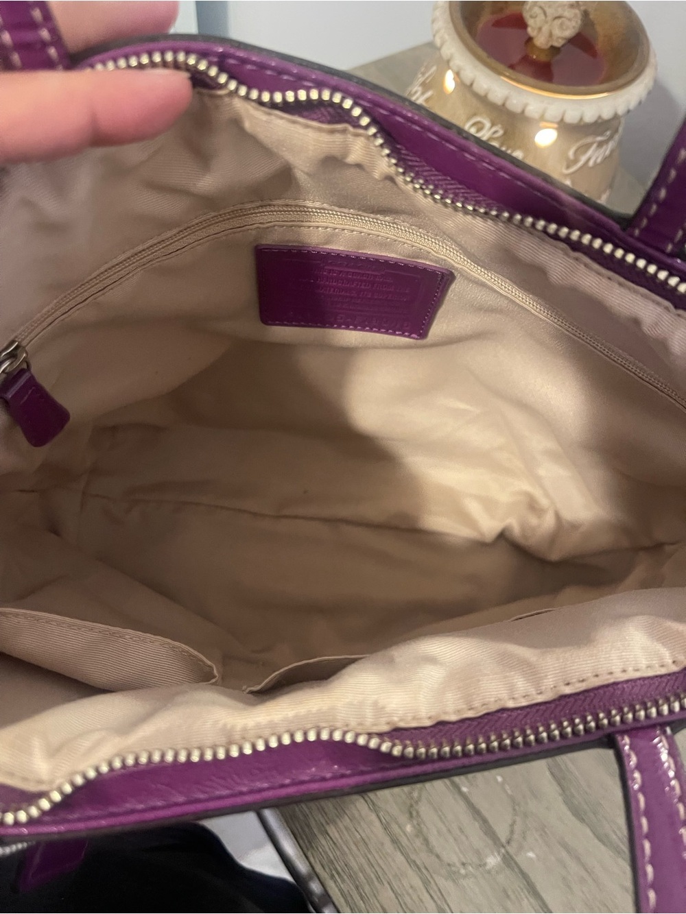 Coach Canvas Tote with Purple Trim and Tan Signature Print - Picture 6 of 9
